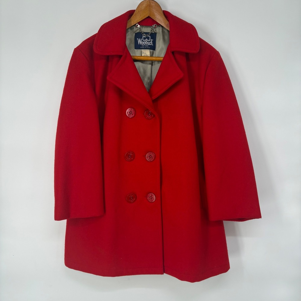 Woolrich Vintage Red Wool Pea Coat Double Breasted Jacket Made in USA 16 Preppy